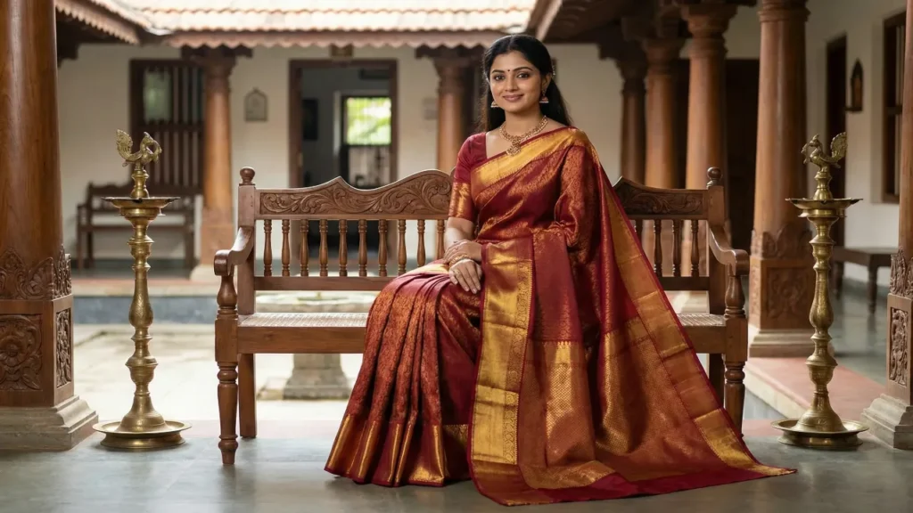 Woman in a maroon silk saree with a gold zari border, seated in a traditional Mysore-style courtyard with carved wooden pillars and brass lamps — Suryani's Silk