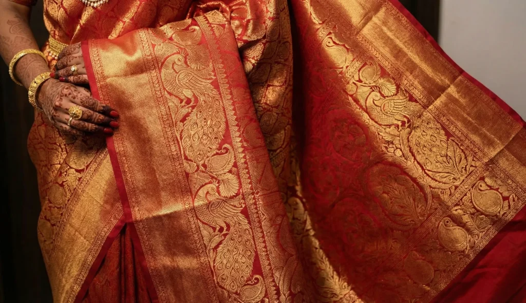 Close-up of a red silk saree with a heavy gold zari peacock and floral pallu, hands adorned with mehndi and gold rings — Suryani's Silk