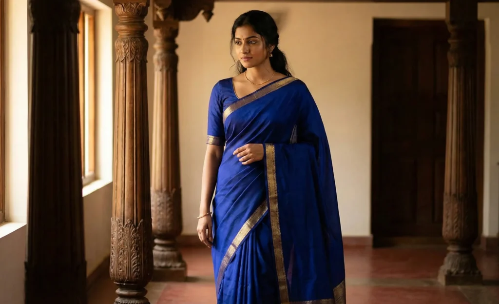 Woman in a royal blue silk saree with a gold zari border, standing among carved heritage pillars — Suryani's Silk