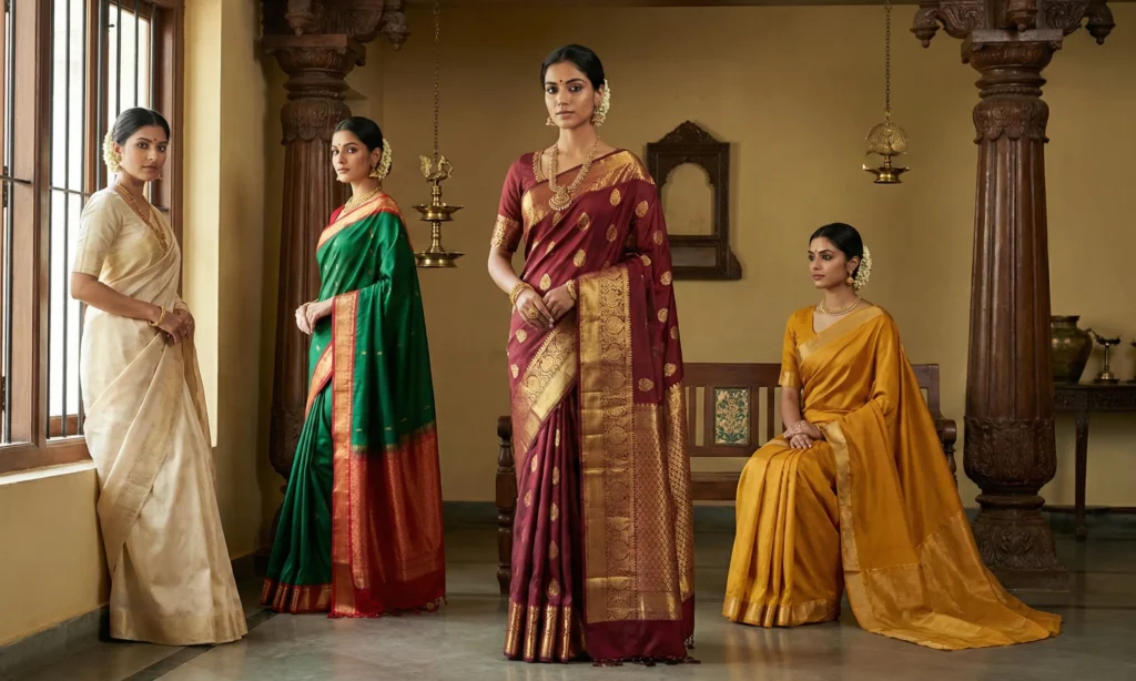 Four women in cream, green, maroon, and mustard silk sarees with gold zari borders, in a heritage interior with brass lamps — Suryani's Silk