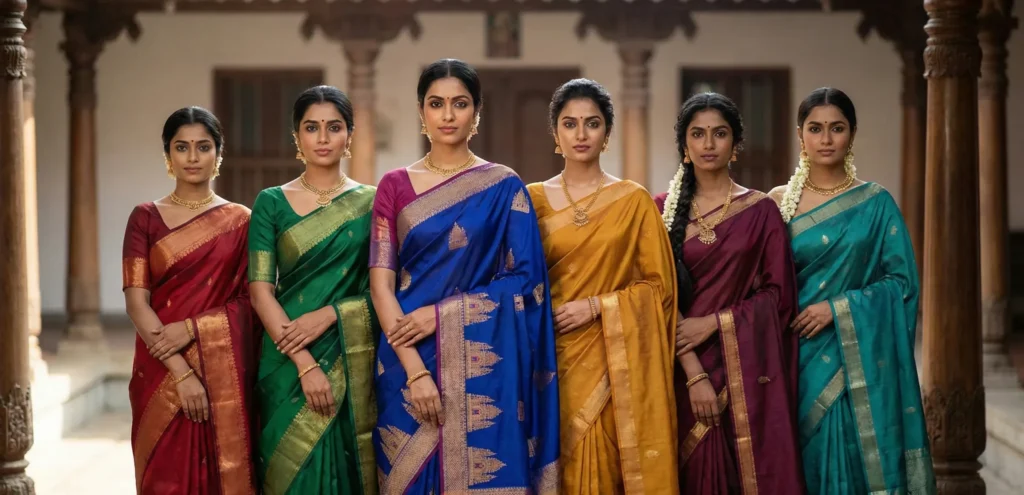 Six women wearing silk sarees in red, green, blue, mustard, wine, and teal, each with a gold zari border — the Suryani's Silk collection