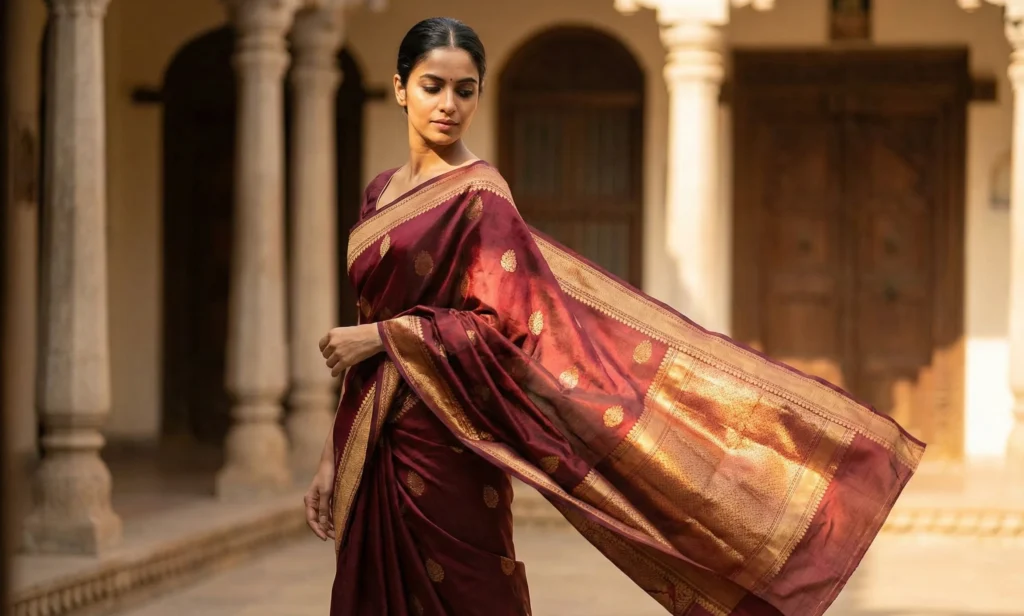 Woman in a wine-maroon silk saree scattered with gold motifs, standing in a heritage archway corridor — Suryani's Silk